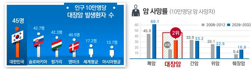 한국 대장암 발생률과 사망률 예측치