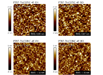 PTB7-TH:COTIC-4F-EH, PTB7-TH:COTIC-4F-BO, PTB7-TH:COBIC-4F-EH, PTB7-TH:COBIC-4F-BO 혼합필름의 표면 원자간력 현미경 측정 이미지