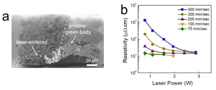 (a) 3차원 광소성 반응 후 SEM 단면 이미지 및 (b) 레이저 공정 변수에 따른 비저항 측정 결과