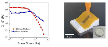 이온성 액체 기반 복합체 전해질의 점탄성 측정 결과 (좌) 및 3차원 프린팅 이미지 (우)