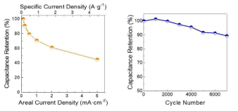 3차원 프린팅 기반 슈퍼커패시터의 율특성 측정 결과 (좌) 및 장기 싸이클 측정 결과 (우)
