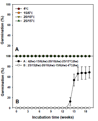 Germination in seeds of C. palustris in response to four temperature regimes (a) and under a temperature sequence (b) beginning at 4℃ or at 25/15℃. Error bars indicate mean ± SE of four replicates