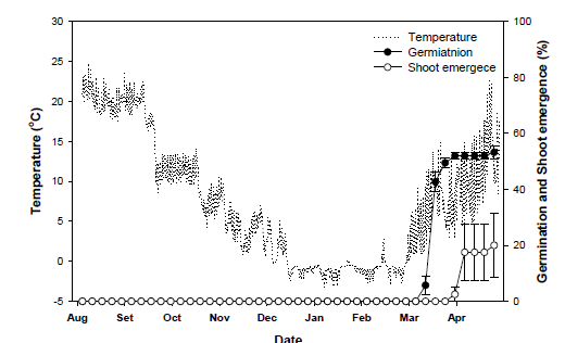 Phenology of shoot emergence and germination in seeds of P. maackii vertical bars represent means ± SE of ten replicates. Error bars indicate mean ± SE of four replicates