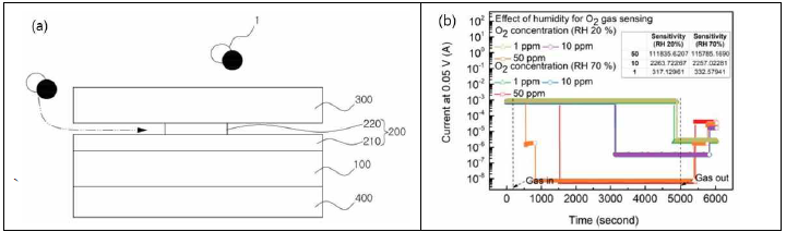 (a) 요철 구조가 적용된 gasistor 가스 센서, (b) 온도에 따른 IGZO gasistor 감응 특성 비교