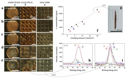 반전지(half cell)에서 본 과제의 음극을 충전 후 그 표면 및 배후에 대하여 관찰 및 ICP/XPS 분석을 실시한 결과. 전체 전착량은 충전 용량에 비례하여 증가하지만 (f), 집전체 외면에서의 리튬 전착은 배후 공간의 리튬의 수용 한도를 초과하기 이전까지 관찰되지 않음 (a-e, h, I)