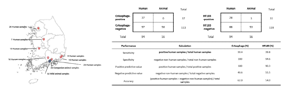 Contingency tables of crAssphage and HF183 detection in human and animal (top), Various performance indicators of crAssphage and HF183 in this study (bottom)