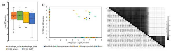 Detection of crAssphage and HF183 in human fecal samples using qPCR with probe- and SYBR greenbased detection. Distribution and abundance analysis of and HF183 by individual human fecal samples. a A matrix for pairwise disꠓtance comparison showed a numerical value at the lower left and a color at the upper right