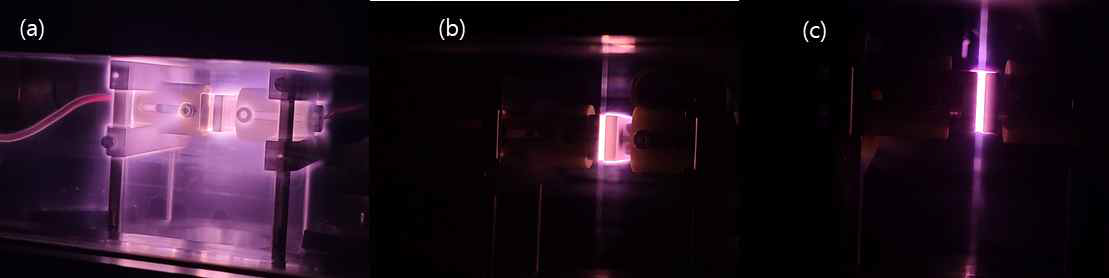 압력에 따른 플라즈마 방전 상태. (a) 20 Torr, (b) 90 Torr, (c) 130 Torr.