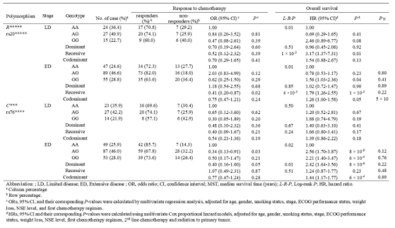 Stratified analysis of the associations between genotypes and clinical outcomes according to stage