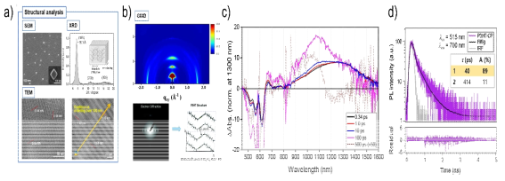 (a, b) 용매 제어방법을 이용한 유기고분자 고결정성 입자 구조 분석. (c) 펨토초 순간흡수법을 이용한 엑시톤 및 폴라론 생성 메커니즘 분석 (d) 시분해형광법을 이용한 엑시톤 수명 분석