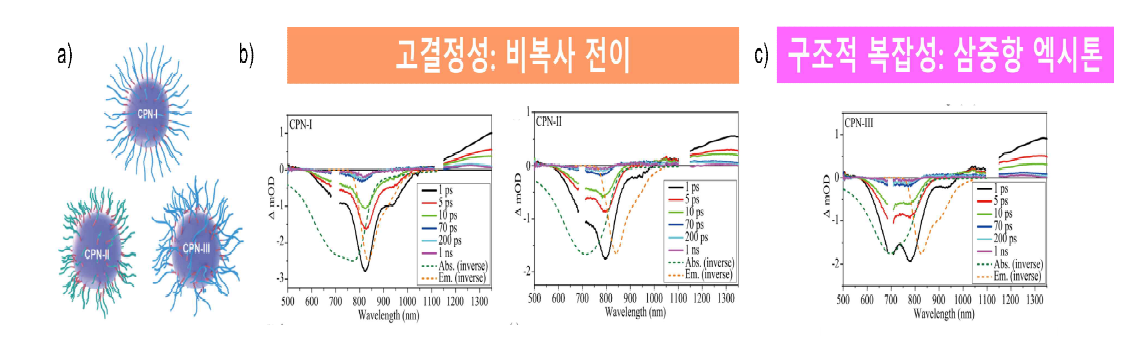 a) 서로 다른 결정성을 가진 CPN-I, II, III 구조 b) 고결정성 CPN-I, II, c) 구조적 복잡성을 띈 CPN-III의 펨토초 순간흡수 데이터와 여기 상태 역학 분석 내용