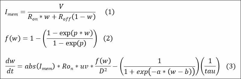 모델링 시에 사용된 함수를 의미, 식 (1): 상태변수 w에 따른 확산형 멤리스터의 전 류를 의미, 식 (2): 상태변수의 window function을 의미, Biolek window function을 사용, 식 (3) 상태변수 w의 전압에 따른 거동 함수이며, 알려진 함수와는 다르게 sigmoid 함수와 확산 속도 곱을 통해 w 크기에 따른 다른 확산속도의 의미를 부여