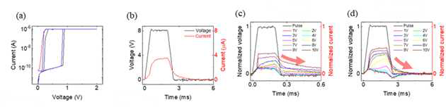 (a) 제작한 확산형 멤리스터의 문턱 스위칭 그래프, (b) 높은 전압의 펄스 인가 시 문턱 스위칭 및 펄스 이후 전류의 완화가 발생하는 모습, (c) 2.4ms의 펄스 폭을 가지는 펄스의 전압 크기에 따른 펄스 이후의 잔존 전류 크기 (d) 2.4μs의 펄스 폭을 가지는 펄스의 전압 크기에 따른 펄스 이후의 잔존 전류 크기