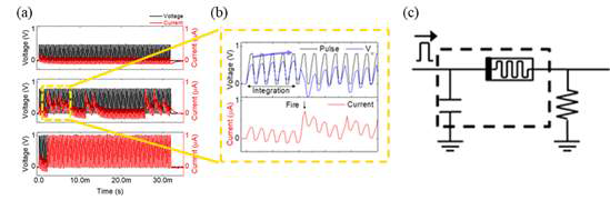 (a) 서로 다른 전압 (각각 0.6, 0.8, 1V)의 연속적인 펄스 인가 시 전류 변화 차이, (b) 0.8V 전 압의 펄스 조건의 점선 부분 확대한 모습, 흡사 Leaky Integration and fire (LIF) 모델과 유사 거동을 확인. (c) 이에 대해 실제 점선 부분을 한 소자로 회로의 단순화에 대한 가능성 제시