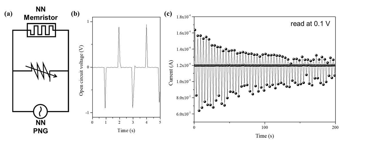 (a) 압전 에너지 하베스터와 시냅스 소자가 결합된 자가 구동 소자 회로의 모식 도, (b) NN 압전 에너지 하베스터의 출력전압, (c) NN 에너지 하베스터로 구동된 NN 멤 리스터 소자의 on/off endurance 특성.