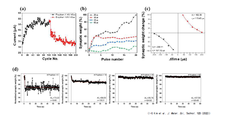 (a) ±2 V 이하의 구동 전압 펄스로 Potentiation, Depression 구현, (b) 스파이 크의 인가 간격(속도)에 따른 synaptic weight 변화를 나타내는 SRDP 거동 구현, (c) pre-spike와 post-spike의 시간 간격 및 순서에 따른 synaptic weight 변화를 나타내는 STDP 거동 구현, (d) 스파이크의 인가 횟수에 따라 일시적인 혹은 영구적인 synaptic weight 변화를 나타내는 STP to LTP 거동 구현.