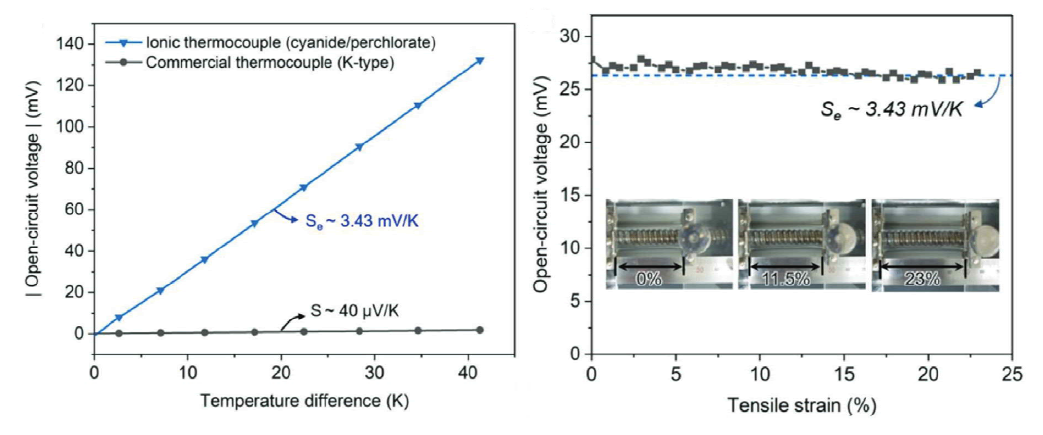 열전 전해질 기반 열전대의 온도 민감도 및 신축 테스트