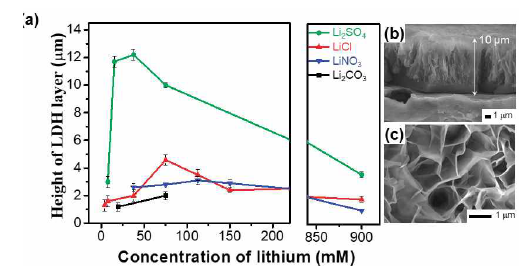 적용된 LiX 용액(X=CO3 2-, NO3 -, Cl-, SO4 2-)에서 LDH layer vs. [Li+]의 높이. (a). 75 mM Li2SO4에서 합성된 LixAl2-LDH의 (b) 단면, (c) 평면도의 SEM 이미지.