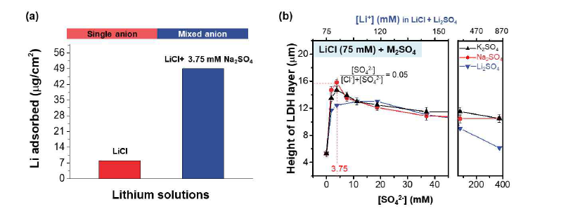 (a) Na2SO4의 유무에 따른 75 mM LiCl 용액에서 합성된 LixAl2-LDH. (b) 75 mM LiCl에서 K2SO4, Na2SO4 및 Li2SO4에 대한 LDH 층의 높이 vs. [SO4 2-].