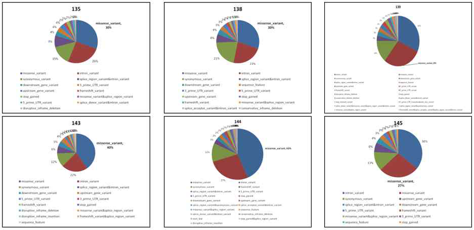 WES/somatic mutation (normal filtering 과정 포함) 분포도 (missense variant 분포가 가장 높음)