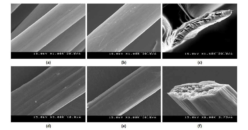 폐목재 전구체 및 탄소섬유의 SEM 이미지 (a),(b) 폐목재 전구체 섬유의 표면, (c) 폐목재 전 구체 섬유의 단면, (d),(e) 폐목재 탄소섬유의 표면, (f) 폐목재 탄소섬유의 단면