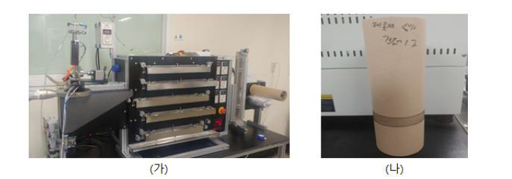 (가) 습식방사기(기격습식방사), (나) 폐목재 전구체 섬유(농도8%, mono hole)