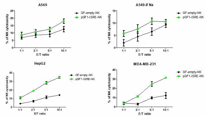 표적암세포와의 공동배양에 따른 pGF1-ISRE-NK 활성화와 암세포의 cytotoxicity