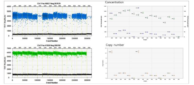 ddPCR을 이용한 비바이러스성 유전자 전달체의 copy수 확인. QuantaSoft를 통한 결과 분석 (좌) 및 2D-plot 데이터 (우).
