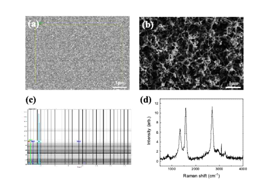 (a)/(b) 화학기상증착법에 의해 성장된 탄소 나노튜브, (b) EDS 스펙트럼, (c) 라만 스펙트럼