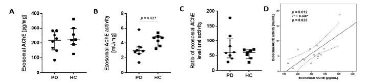 엑소좀의 AChE 농도 및 activity 분석 결과
