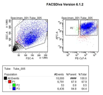분리한 젖소의 우둔 근육세포의 FACS를 통한 유세포 분류 결과, P2: FAPs, P3:muscle satellite cells
