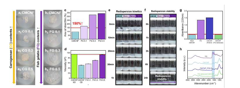 (a) 카라기난 및 (b) 어류 젤라틴 첨가량 증가에 따른 CMCNF 건조 필름의 형태, 어류 젤라 틴 함량 증가에 따른 (c) CMCNF 필름의 면적 증가 비율 및 (d) 재분산 용액의 점도 분석 그래프. (e) CMCNF/어류 젤라틴 필름의 재분산 동역학 및 (f) 어류 젤라틴 제거 후 CMCNF 현탁액의 재분산 안정성 평가. (g) UV-vis spectrometer 및 (h) FTIR을 이용한 어류 젤라틴 제거 성능 분석 그래프
