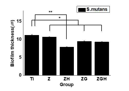S.mutans biofilm thickness(㎛) *: P<0.05, **: P < 0.01