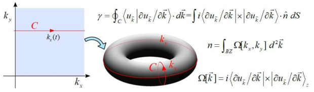 2차원의 BZ과 이를 torus 형태로 나타낸 그림. kx 방향으로 고리 C를 만들어 먼저 적분을 한뒤 ky 방향으로 적분하는 형태로 2차원의 BZ을 적분할 수 있다. Berry connection과 Berry curvature, 그리고 Chern integer를, 파동함수의 periodic part를 사용하여 표현하였다