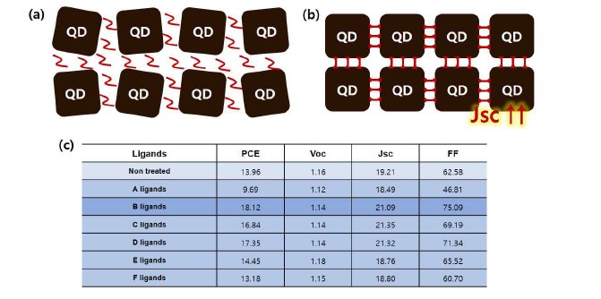 (a) 리간드 처리가 되지 않은 QD 박막 그림, (b) 리간드 처리를 하여 정 렬된 QD 박막 그림