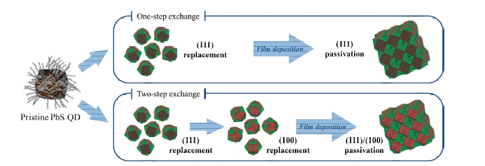 Two-step 리간드치환법과 one-step 치환법의 모식도. Two-step에 의해 IR-QD의 모든 결정표면이 보다 효과적으로 패시베이션 됨