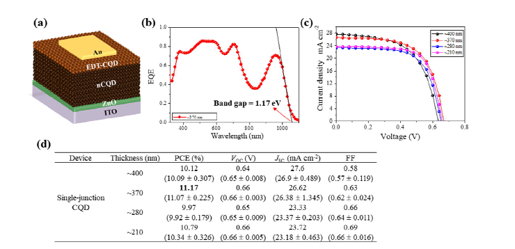 제조된 양자점 태양전지 소자성능결과. (a) 소자구조, (b) 외부양자효율, (c) 전압-전류 그래프, (d) 소자성능 요약