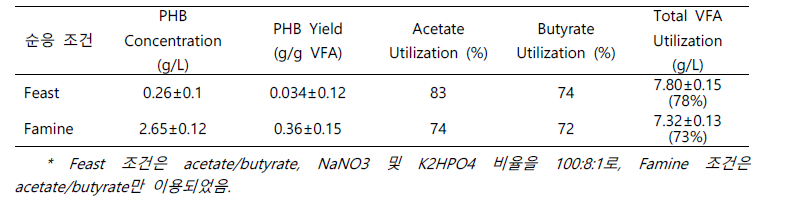 순응 조건 별 PHB 생산량 및 기질 소모량 (cycle 8)