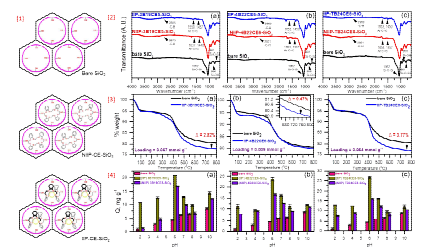 [1] Structures of bare silica (bare SiO2), non-Cs+ imprinted crown ether-silica (NIIP-CE-SiO2), and Cs+-imprinted crown ether-silica (IIP-CE-SiO2). [2] FTIR spectra of Cs+-imprinted and non-Cs+ imprinted crown ether-silica for (a) 3B19CE5, (b) 4B22CE6, and (c) TB24CE8 compared against bare SiO2. [3] TGA profile of IIP-CE-SiO2 for (a) 3B19CE5, (b) 4B22CE6, and (c) TB24CE8 compared against bare SiO2. [4] Preliminary adsorption studies by bare SiO2, IIP-CE-SiO2, and NIIP-CE-SiO2 for (a) 3B19CE5, (b) 4B22CE6, and (c) TB24CE8 under varying pH levels. Adsorption conditions: Co = 75 mg L -1, S/L = 0.50 mg mL-1, t = 24 h, T = 30 oC