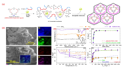 [1] Preparation of A30CE6-SiO2. [2] (a) SEM images and (b) EDS element maps of A30CE6-SiO2. [3] (a) FTIR and (b) TGA profiles of A30CE6-SiO2. [4] Adsorption performance of control and A30CE6-SiO2: (a) time profile and (b) isotherm fitting. Conditions: Co = 25 mg L -1 for (4a), Co = 10 – 4000 mg L -1 for (4b), S/L = 0.5 mg mL-1, T = 30 oC, pH = 6, t = 24 h for (4b), UV (365 nm)