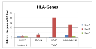 삼중음성 유방암 세포주 (MDA-MB-231, BT 20, BT-549) 및 대조군 (MCF-7)에서의 MHC class-I (HLA-A, HLA-B, HLA-C) 유전자의 RT-qPCR 결과