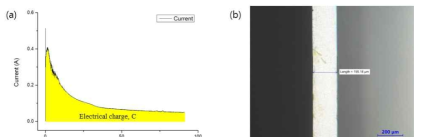 전하량 모니터링 기반 알루미늄 양극산화 공정 (a) 전류모니터링 결과, (b) 인가된 전하량에 따른 생성된 알루미나 두께 (195㎛)