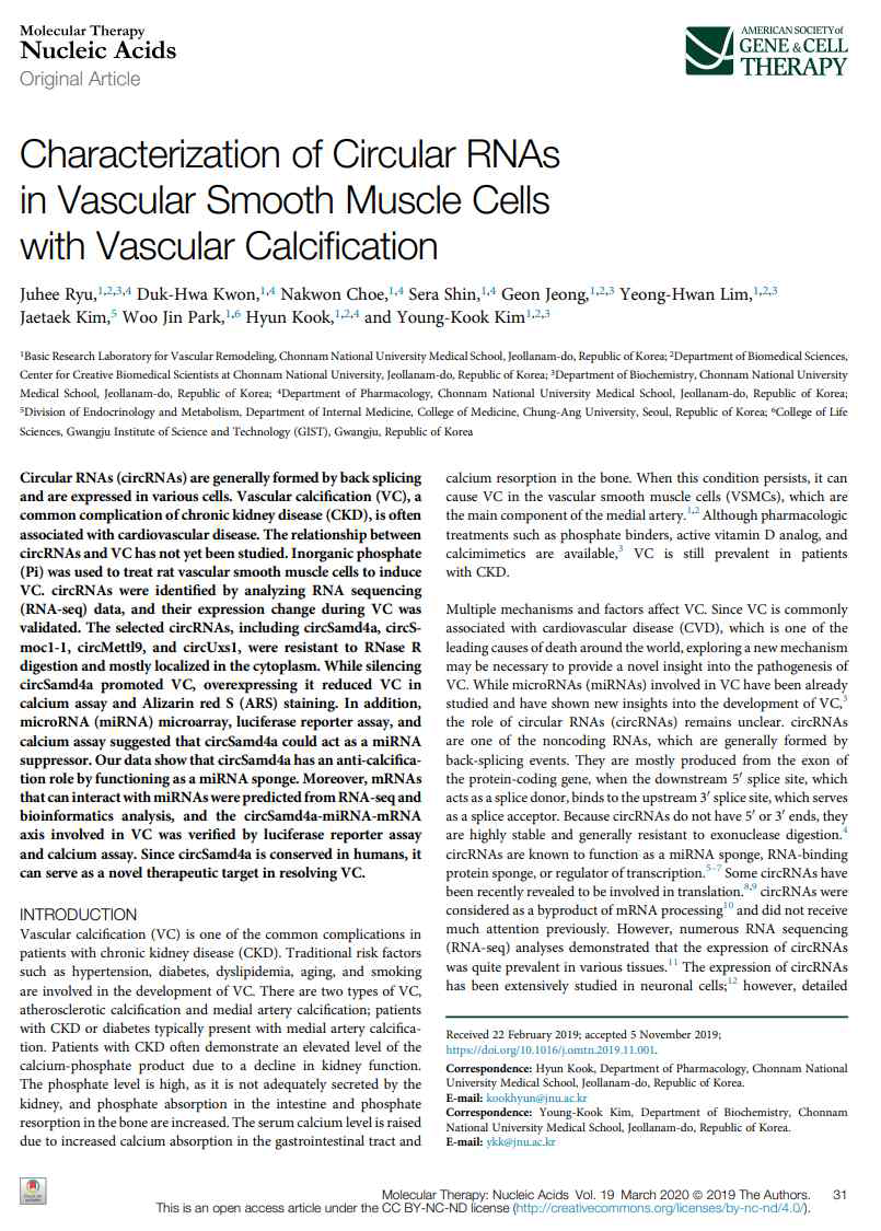 Mol Ther – Nucleic Acids – 원형 RNA circSamd4에 의한 혈관석회화