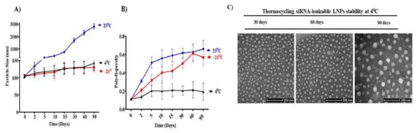 열순환 기술 siRNA-ionizable LNPs의 장기간 안정성. 간단한 냉장보관(4°C)으로 90일 동안 동결건조 없이 열순환 siRNA-이온화 LNP를 저장 가능
