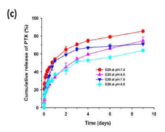 gelatin-OSM 하이드로겔 (G20과 G30)로부터 pH6.5 보다 pH7.4에서 더 높은 PTX 방출을 보임