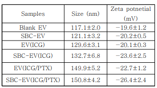 다양한 EV 파생 샘플의 크기 및 표면 전하