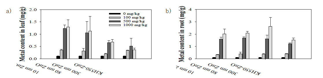 나노입자 크기 및 코팅 유무에 따른 청경채의 중금속 농도 a) leaf b) root