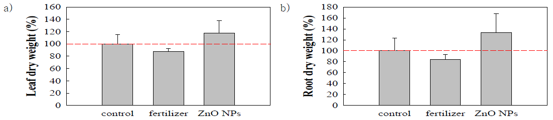 나노비료와 ZnO NPs에 노출된 청경채의 기관별 건중량 a) leaf b) root