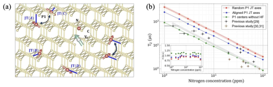 (a) 다이아몬드의 P1 (질소 불순물) 전자스핀 환경에 놓인 NV센터 모식도. (b) NV 센터의 결잃음 시간을 P1센터의 농도에 대한 함수로 예측 및 실험 데이터와 비교