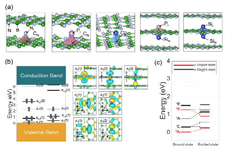 (a) h-BN 내 Group-IV, Group-V 원소로 이루어진 XY dimer (X, Y, = C, Si, P, N) 결함 모델. (b) SiNSii- 모델의 defect level diagram과 defect 오비탈. (c) SiNSii- 모델의 many-electron electronic structure